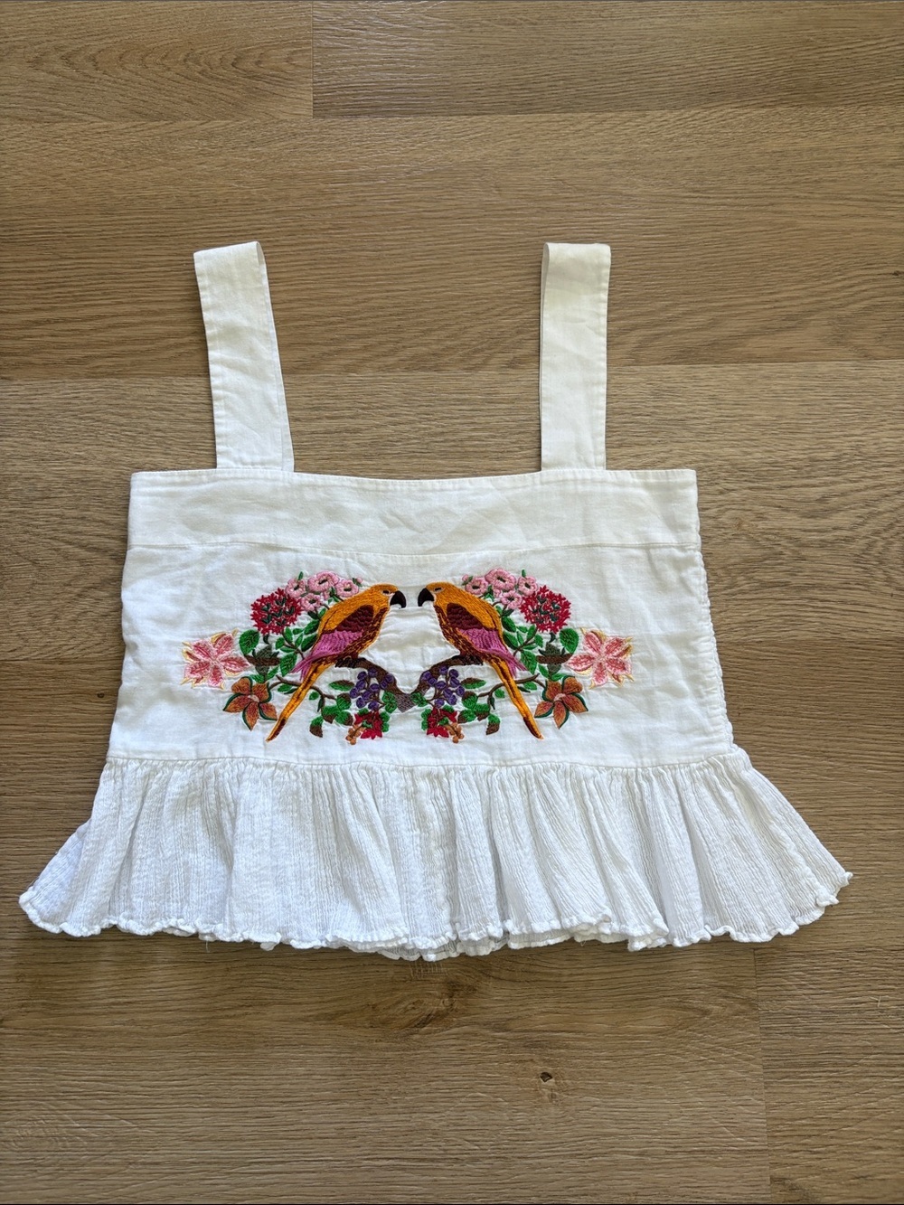 White Embroidered Parrot Ruffle Hem Crop Top
